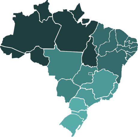 Mapa do Brasil diferenciado por região, com pinos marcando a localização de cada escola.