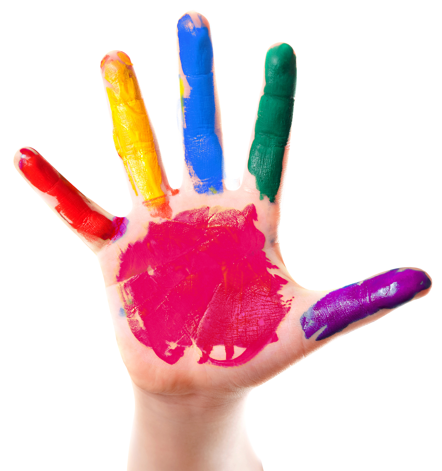 Mão de criança com tintas de diversas cores.